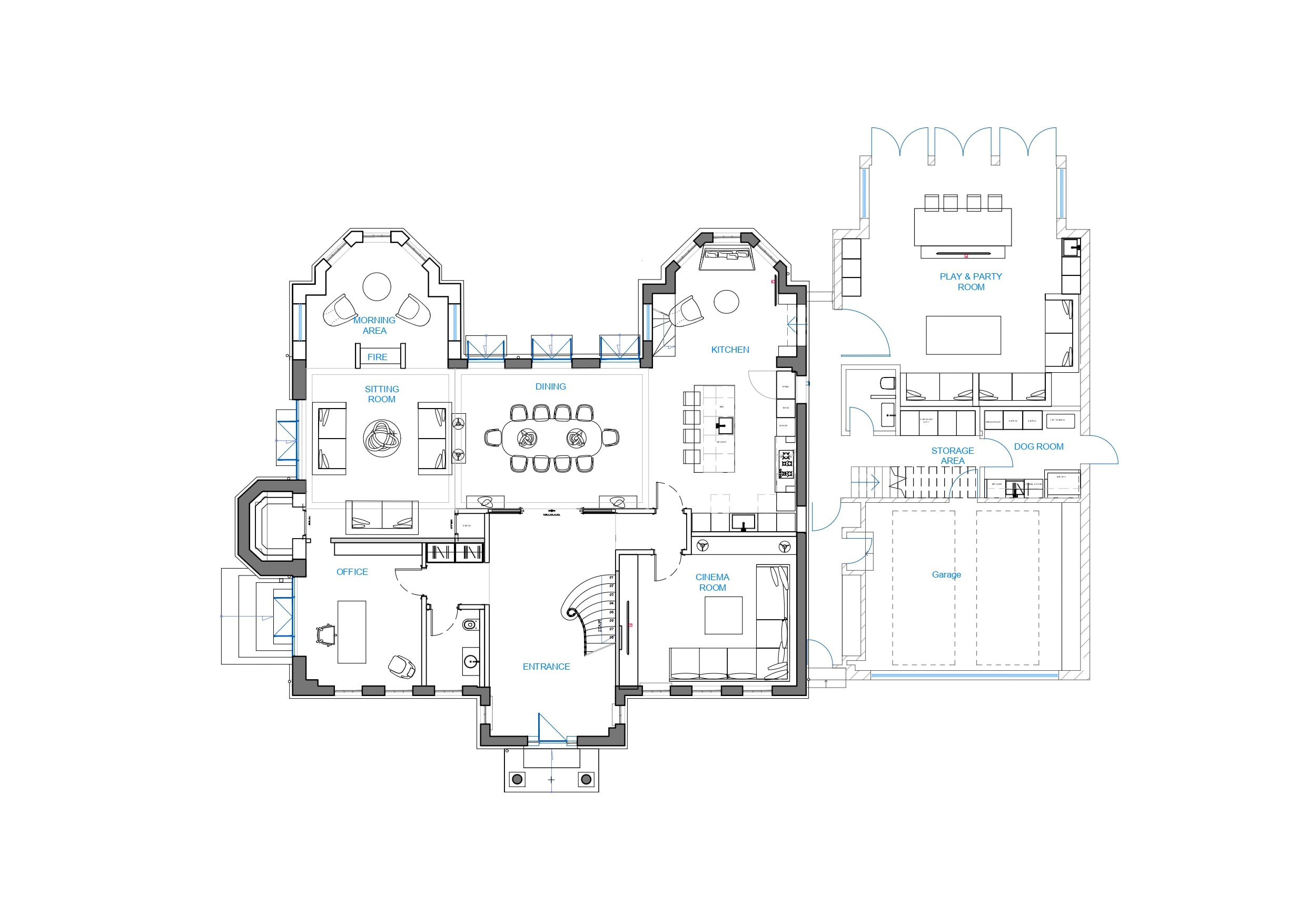 Spacious family home floor plan designed by Randa Kort Interior Design in St Albans, Hertfordshire, showcasing a detailed layout of living areas, kitchen, garage, and recreational spaces.