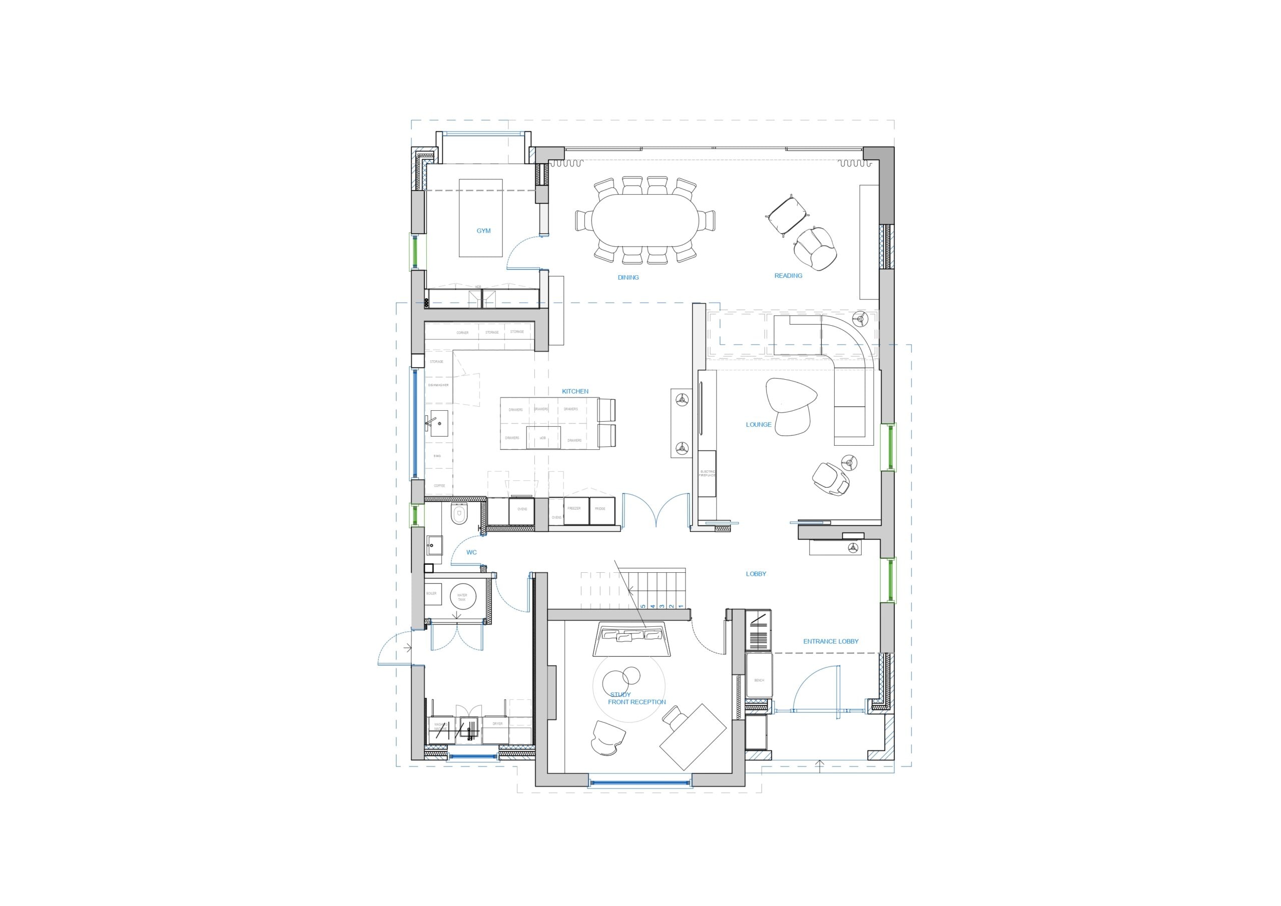 Gorgeous modern house floor plan designed by Randa Kort Interior Design in St Albans, Hertfordshire, showcasing open living and dining spaces with contemporary interior elements.