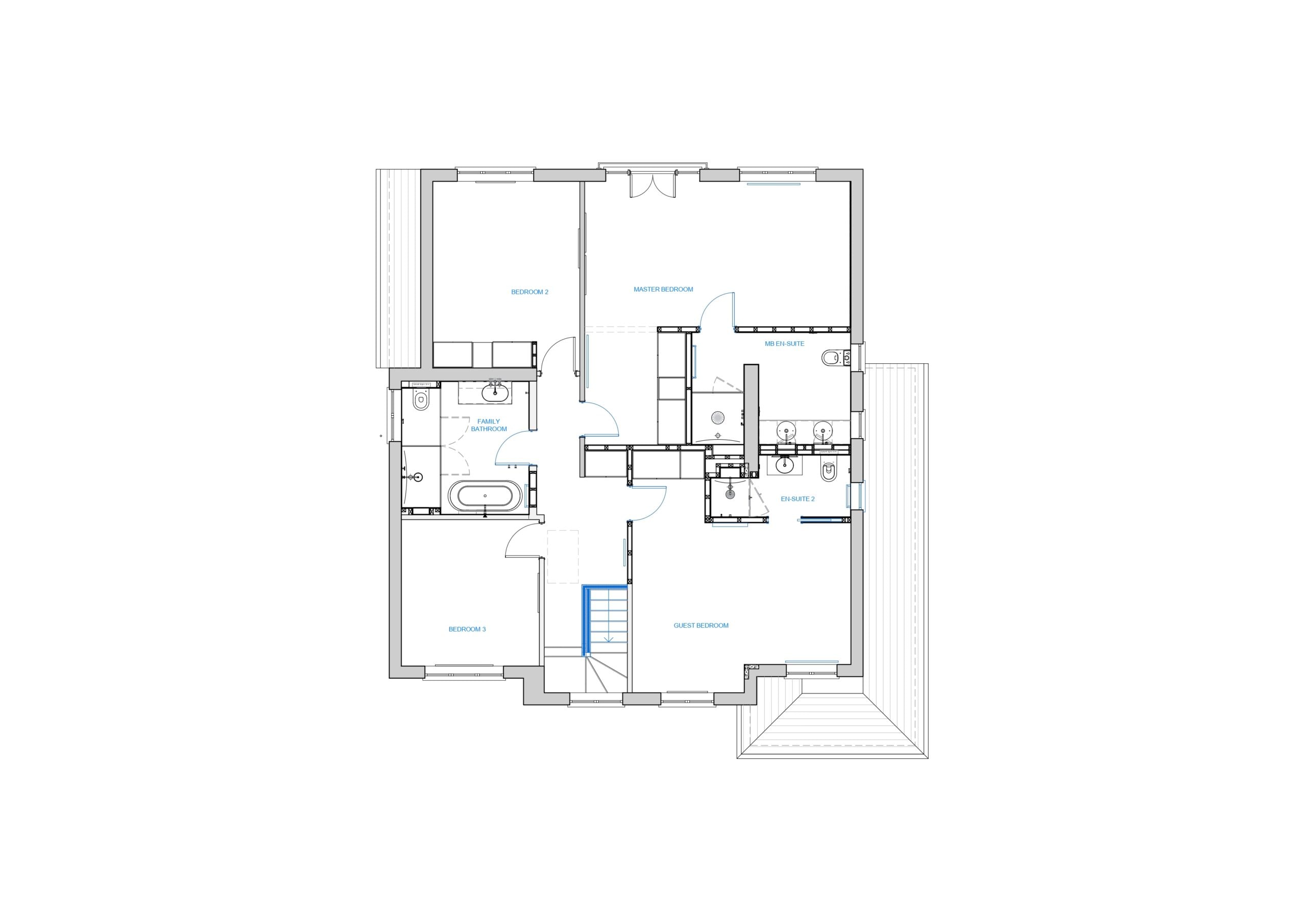 Bedroom floor plan designed by Randa Kort Interior Design, showcasing a spacious layout in St Albans, Hertfordshire with multiple bedrooms and en-suite facilities.