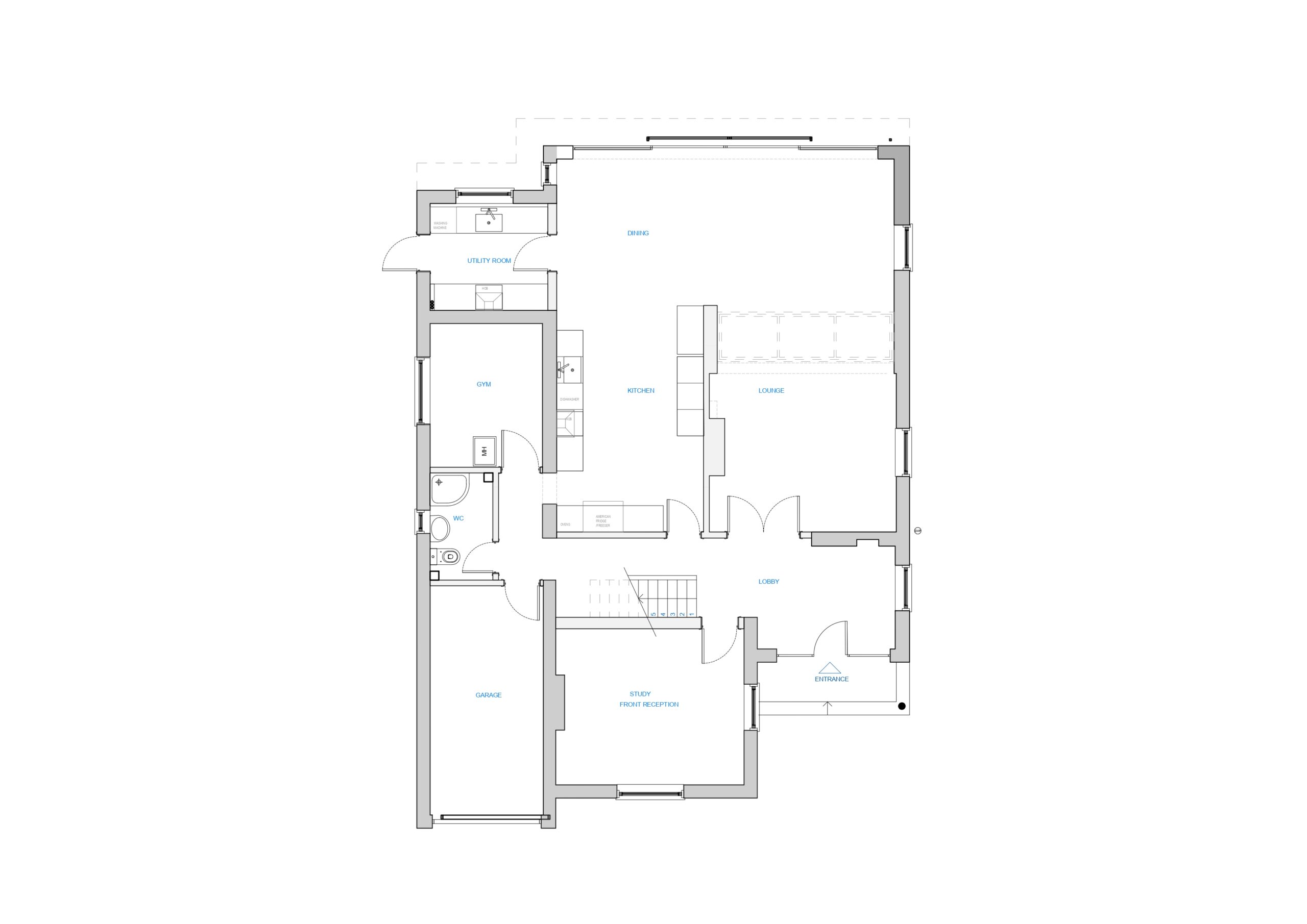 Modern house floor plan designed by Randa Kort Interior Design in St Albans, Hertfordshire, showcasing an open-concept kitchen, lounge, and dining area.