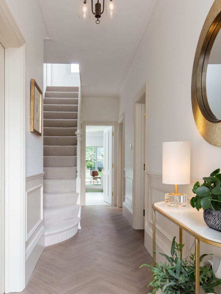Luxury hallway interior design by Randa Kort Interior Design in St Albans, Hertfordshire, showcasing space planning and home extension expertise.