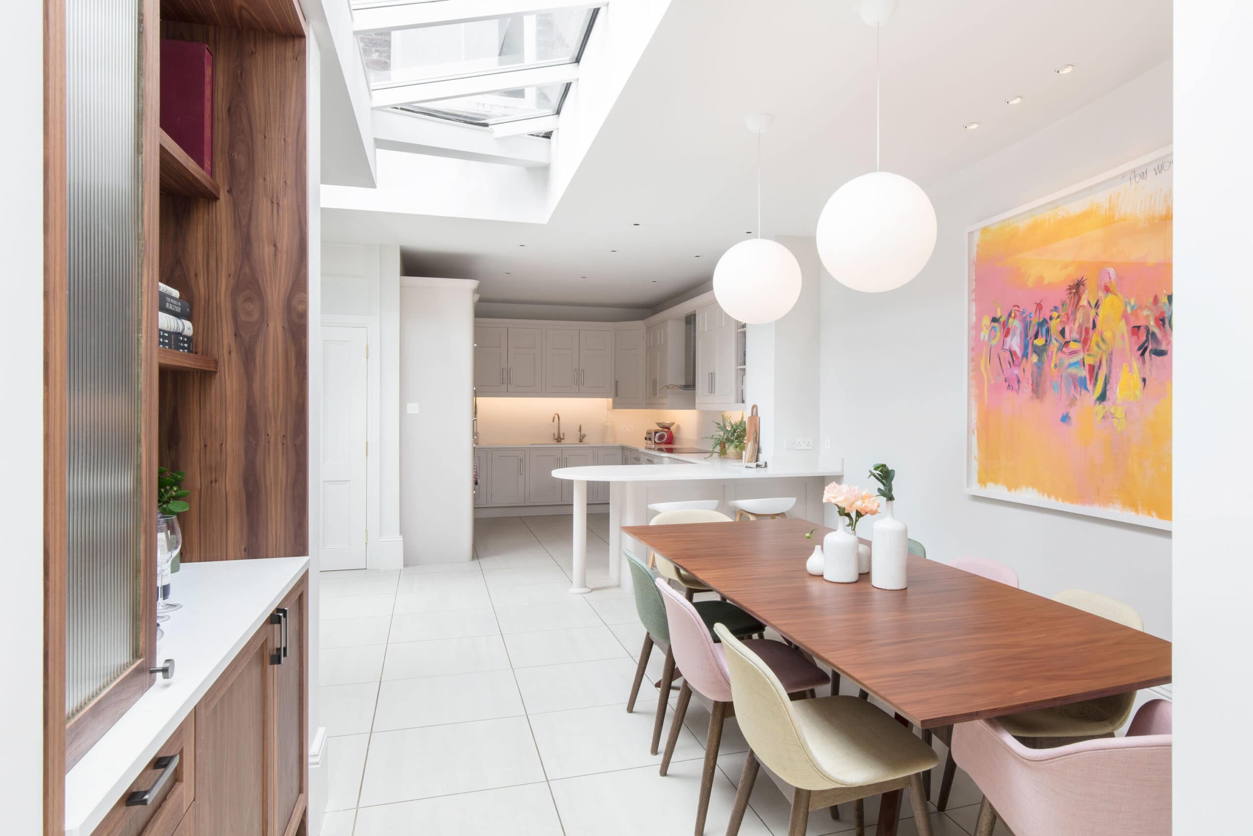 Contemporary kitchen and dining area designed by Randa Kort Interior Design in St Albans, Hertfordshire, featuring space planning and a bright, open layout.